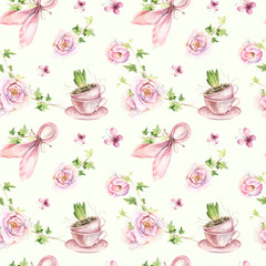 Watercolor Easter seamless pattern. Flowers, pink tulips, decor, egg, ivy, butterflies, cups. Hand drawn illustration. Wedding, birthday, card, textile, wrapper botanical design.