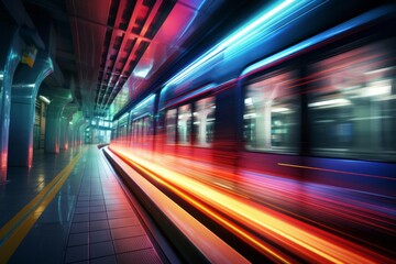 Fototapeta na wymiar Fast underground subway train racing through the tunnels. Neon pink and blue light