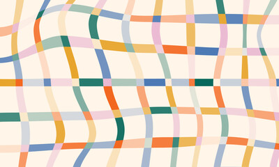 Groovy hippie abstract background. Rainbow colored striped geometric pattern. Retro 60s 70s abstract psychedelic design. Curve crossed lines grid. Wavy plaid backdrop in childish doodle style - obrazy, fototapety, plakaty