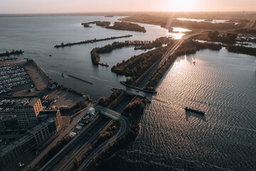 Aerial view of boat crossing aquaduct in Harderwijk, Veluwemeer The Netherlands