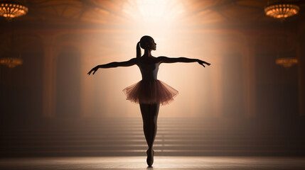 Fototapeta na wymiar Ballerina's legs extend in a perfect arabesque position, creating a mesmerizing silhouette Generative AI