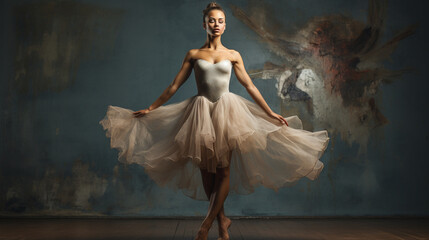 Fototapeta premium Elegant ballerina gracefully stands en pointe, showcasing the beauty and strength of her legs Generative AI