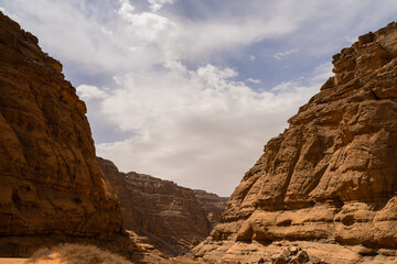 Fototapeta premium iew in the Sahara desert of Tadrart rouge tassili najer in Djanet City ,Algeria.colorful orange sand, rocky mountains