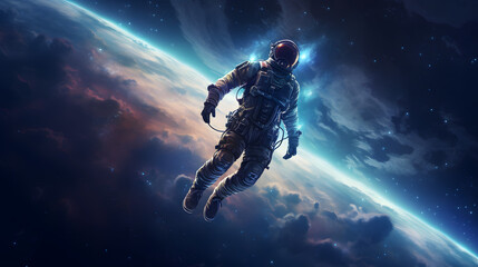 Astronaut at spacewalk. Astronaut in space. Cosmic art, science fiction wallpaper. Beauty of deep space. Billions of galaxies in the universe. NASA