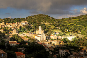 Fototapeta na wymiar General view High angle, VIllage of Corbara and it's church, Balagne, Corsica, 