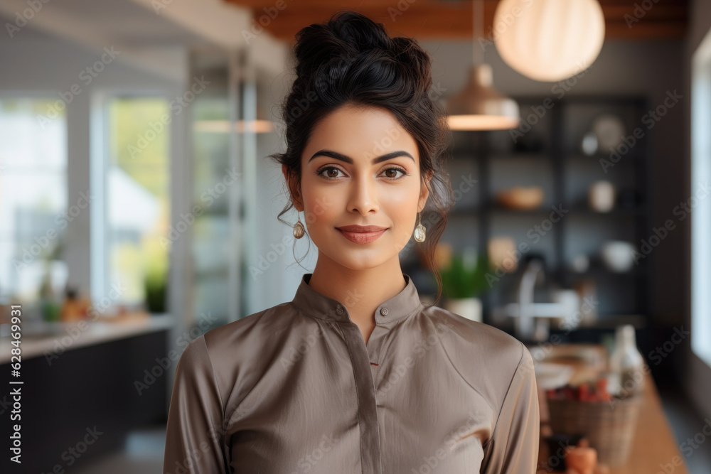 Wall mural Indian woman with a pretty updo hairstyle, she is standing in a modern house