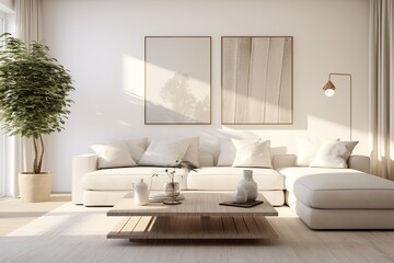 Modern white living room interior 3d rendering image.A blank wall with pure white. Decorate wall with extrude horizon line pattern and hidden warm light,Generative AI
