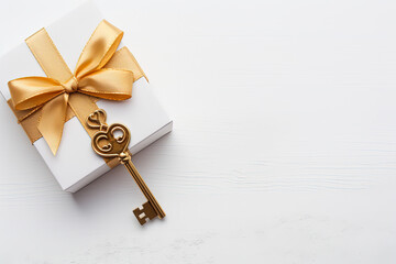 Key and gift box with yellow ribbon on white background. Copy space