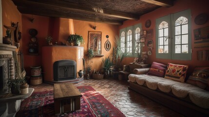 Fototapeta na wymiar Boho interior with terracotta wall color and macrame design