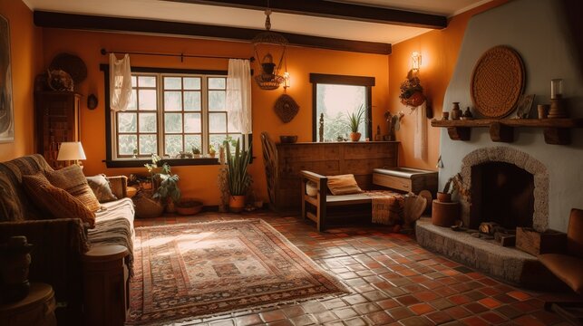 Boho interior  with terracotta wall color and macrame design