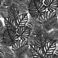 Watercolor seamless pattern with tropical leaves. Beautiful allover print with hand drawn exotic plants. Swimwear botanical design.	