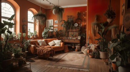 Fototapeta na wymiar Mediterranean style boho interior design with terracotta wall color and plants