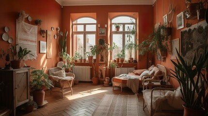 Fototapeta na wymiar Mediterranean style boho interior design with terracotta wall color and plants