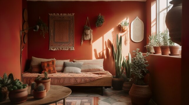 Bohemian and Spanish style interior with terracotta colors