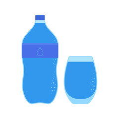 Drinking mineral water. Glass of water and bottle isolated on white background. Vector illustration.