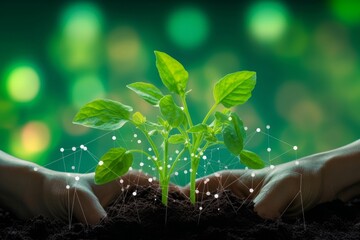 Agricultural technologies for growing plants and scientific research in the field of biology and chemistry of nature. Living green sprout in the hands, Generative AI - obrazy, fototapety, plakaty