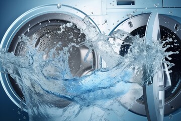 Washing machine drum with clean water flow and splashes. Laundry, washing powder concept, Generative AI - obrazy, fototapety, plakaty
