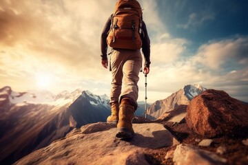 Hiker goes against sky and sun. Hiking concept, Generative AI