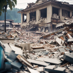 Massive devastation broken building debris after earthquake