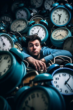 Person humorously buried under a heap of alarm clocks, showcasing the struggle of waking up early in the morning