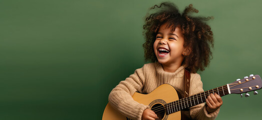 Joyful child playing guitar isolated on flat green background with copy space. Creative banner for...