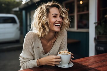 person laugh and simply relaxing while enjoying their coffee. generative ai