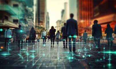 People on city street with technological data background. Business, analytics big data concept, Generative AI