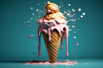 Melting ice cream cone. Generative AI - obrazy, fototapety, plakaty