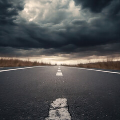 Sky horizon with dramatic clouds and empty asphalt road