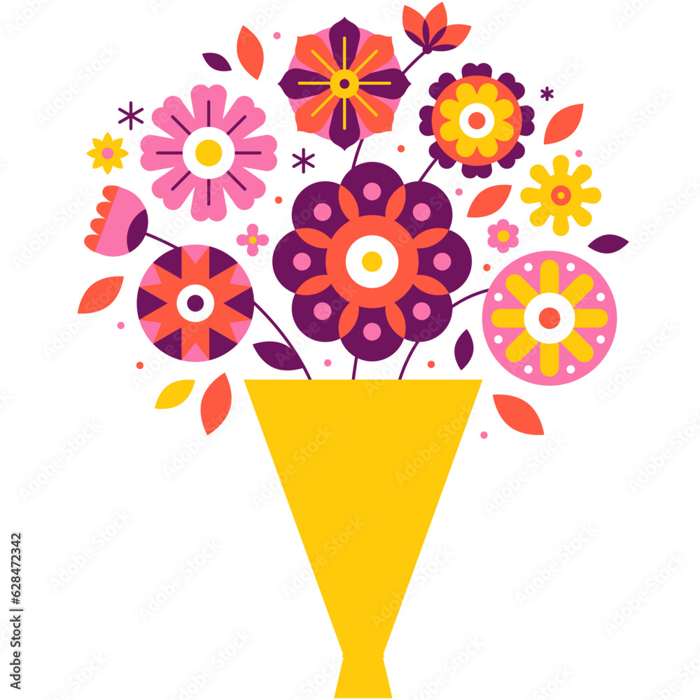 Poster vector illustration in simple flat geometric and linear style in bright colors - frame with decorati