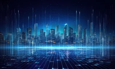 Foto op Canvas Metaverse smart technology city. Digital futuristic data skyscrapers on technological blue background. Business, science, internet concept, Generative AI © Planetary Artist