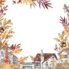 Autumn rural street with cozy houses, golden autumn leaves watercolor frame background.
