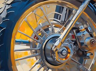 Motorcycle wheel close-up. Impressionism style oil painting. Generative AI.