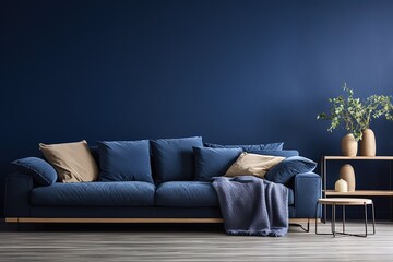 Fototapeta na wymiar The interior of a modern living room with a dark blue sofa | Modern cosy living room and blue wall texture background interior design / 3D rendering , Generative AI