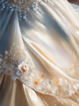 Wedding dress close-up. Impressionism style oil painting. Generative AI.