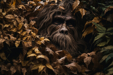 A Bigfoot creature hiding behind leaves peaking out. Sasquatch hidden in camouflage with the forest foliage. Generative AI concept
