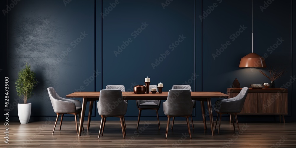 Wall mural home mockup, modern dark blue dining room interior with brown leather chairs, wooden table and decor