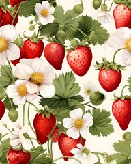 Strawberry tileable watercolor hand drawn seamless pattern created with Generative AI technology