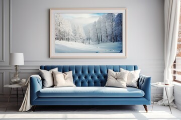 The interior of a modern living room with a dark blue sofa | Modern cosy living room and blue wall texture background interior design / 3D rendering , Generative AI
