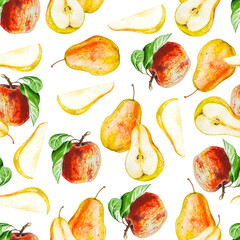 Watercolor seamless pattern with apples and pears autumn season vibe