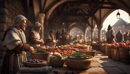 Fototapeta na wymiar At a medieval market, men in historical garbs offering vegetables, fruits, herbs. Amazing fantasy world of the Middle Ages. Digital illustration. CG Artwork Background