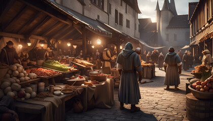 At a medieval market, men in historical garbs offering vegetables, fruits, herbs. Amazing fantasy world of the Middle Ages. Digital illustration. CG Artwork Background