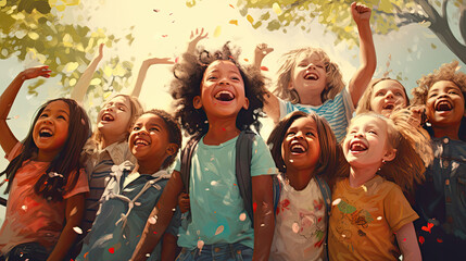 Group of diverse cheerful fun happy multiethnic children outdoors created with Generative AI technology, Generative Ai