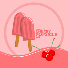 Two cherry flavored ice cream popsicles with some fresh cherries and bold text on pink background to celebrate National Cherry Popsicle Day on August 26