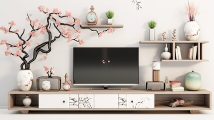 cabinet tv modern living room armchair lamp table flower, generative ai