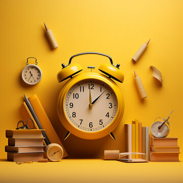 clock on a desk, concept back to school or teacher's day idea pens pencils books an alarm clock on the table, knowledge day, international literacy day, teacher's day, ai generation