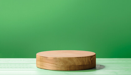Wooden empty podium on the a green wall background. Premium class podium, showcase, display case.