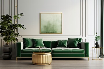 Modern interior of living room with armchair and cabinet on dark green colour wall background. | Luxury dark living room design, green furniture on grey wall in modern design,Generative AI