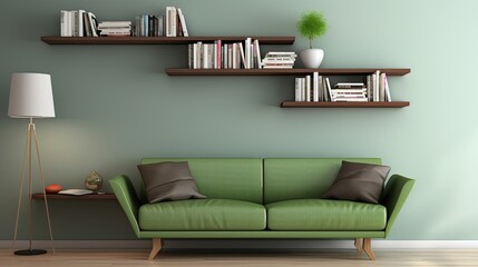 green sofa table on wall wooden, generative ai
