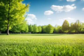 Fototapeta na wymiar Beautifully blurred background image of spring nature with a neatly trimmed lawn surrounded by trees against a blue sky with clouds on a bright sunny day. Generative AI.